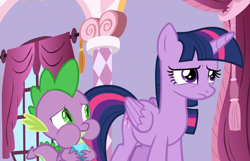 Size: 1120x720 | Tagged: safe, screencap, spike, twilight sparkle, twilight sparkle (alicorn), alicorn, dragon, the last problem, female, gem, leak, male, mare, puffy cheeks, sad, tail, winged spike, wings