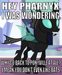 Size: 641x774 | Tagged: safe, edit, edited screencap, editor:undeadponysoldier, screencap, spike, thorax, changeling, dragon, the times they are a changeling, a bug's life, caption, crystal empire, fangs, image macro, implied pharynx, male, misspelling, reference, smiling, text