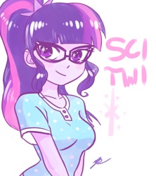 Size: 1067x1200 | Tagged: artist needed, source needed, useless source url, safe, sci-twi, twilight sparkle, equestria girls, clothes, cute, female, glasses, ponytail, shirt, smiling, solo, twiabetes