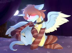 Size: 3000x2200 | Tagged: safe, artist:flysouldragon, oc, oc only, oc:aqua windstorm, alicorn, pony, alicorn oc, chest fluff, clothes, collar, commission, full moon, moon, socks, solo, striped socks, wings, ych result