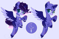 Size: 2752x1800 | Tagged: safe, artist:sh3llysh00, oc, oc:crystal moon, alicorn, pony, blue background, ethereal mane, female, magical lesbian spawn, mare, offspring, parent:fluttershy, parent:princess luna, parents:lunashy, reference sheet, simple background, solo, starry mane