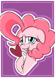 Size: 1000x1414 | Tagged: safe, artist:agus, derpibooru import, pinkie pie, earth pony, pony, blushing, bust, cute, diapinkes, female, floppy ears, heart, looking at you, mare, portrait, smiling, solo