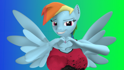 Size: 1920x1080 | Tagged: safe, artist:trailssfm, derpibooru import, rainbow dash, anthro, 3d, breasts, clothes, ear piercing, female, gradient background, heart hands, looking at you, piercing, rainboob dash, smiling, solo, source filmmaker