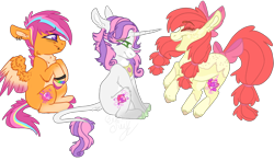 Size: 2000x1176 | Tagged: safe, artist:dashkatortik12222222, apple bloom, scootaloo, sweetie belle, classical unicorn, pony, unicorn, alternate design, bow, cloven hooves, colored wings, colored wingtips, cutie mark crusaders, leonine tail, pale belly, piercing, tail bow, unshorn fetlocks