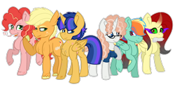 Size: 2300x1181 | Tagged: safe, artist:king-justin, oc, oc:apple pun, oc:applejacked, oc:bloody stool, oc:sparkle mcsmarmyface, oc:titties galore, oc:zippy breeze, alicorn, earth pony, pegasus, pony, unicorn, alicorn oc, breasts, chestbreasts, curved horn, female, glasses, horn, lightly watermarked, male, mare, mouth hold, next generation, offspring, parent:applejack, parent:big macintosh, parent:flash sentry, parent:fluttershy, parent:king sombra, parent:pinkie pie, parent:rainbow dash, parent:rarity, parent:svengallop, parent:trenderhoof, parent:twilight sparkle, parent:zephyr breeze, parents:flashlight, parents:pinkiemac, parents:rarigallop, parents:sombrashy, parents:trenderjack, parents:zephdash, simple background, sombra eyes, stallion, transparent background, unshorn fetlocks, watermark, y'all