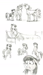 Size: 950x1664 | Tagged: safe, artist:baron engel, apple bloom, oc, earth pony, pony, unicorn, bed, female, filly, floppy ears, mare, monochrome, pencil drawing, saddle bag, shrunken pupils, story included, traditional art
