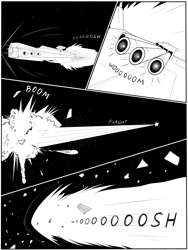 Size: 3000x4000 | Tagged: safe, artist:twotail813, black and white, comic, explosion, grayscale, monochrome, rcf community, space, spaceship, text