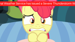 Size: 1280x720 | Tagged: safe, edit, edited screencap, screencap, apple bloom, earth pony, pony, bloom and gloom, apple bloom's bow, bow, emergency alert system, female, filly, frightened, hair bow, relatable