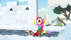 Size: 1920x1080 | Tagged: safe, screencap, apple bloom, winona, better together, equestria girls, holidays unwrapped, big no, female, nose in the air, plusplus, screaming, snow, snowball fight, wall, you know for kids