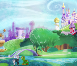 Size: 2333x2000 | Tagged: safe, artist:ryuredwings, oc, oc:inkstain, oc:tairso, earth pony, pony, zebra, beautiful, canterlot, canterlot castle, detailed, detailed background, palomino, scenery, zebra oc