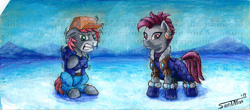 Size: 1600x703 | Tagged: safe, artist:sa1ntmax, oc, oc:khaki-cap, oc:zjin-wolfwalker, earth pony, pony, zebra, clothes, commission, female, freezing, frozen, male, punch card, quadrupedal, snow, stallion, traditional art, zebra oc