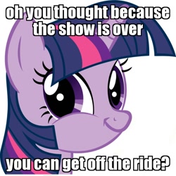 Size: 600x600 | Tagged: safe, twilight sparkle, caption, faic, image macro, smiling, smirk, solo, text, the ride never ends, twiface, wrong neighborhood