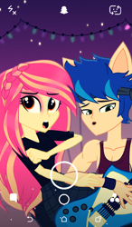 Size: 616x1055 | Tagged: safe, artist:galacticflashd, oc, oc:dylan rapid, oc:styler selvano, human, equestria girls, alternate hairstyle, duo, female, guitar, makeup, male, oc x oc, selfie, shipping, snapchat, straight