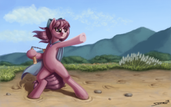 Size: 2000x1254 | Tagged: safe, artist:sa1ntmax, oc, oc only, oc:amethyst heartstone, pony, unicorn, armpits, bipedal, commission, digital art, female, fighter, fighting stance, mountain, nunchucks