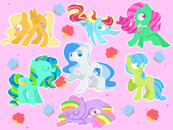 Size: 800x600 | Tagged: safe, artist:blynxee, minty, minty (g1), thistle whistle, earth pony, pegasus, pony, g1, g3, abstract background, generation leap, needs more saturation, unidentified pony, unknown pony