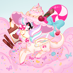 Size: 900x900 | Tagged: safe, artist:rednineuwu, cotton cloudy, oc, oc:magic sprinkles, bat wings, bow, bowtie, candy, cherry, chocolate, cookie, cotton candy, eyepatch, food, lollipop, sprinkles, wings