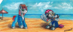 Size: 1600x706 | Tagged: safe, artist:sa1ntmax, oc, oc only, oc:khaki-cap, oc:zjin, oc:zjin-wolfwalker, earth pony, pony, zebra, beach, clothes, cloud, commission, ear piercing, earring, female, heat, jewelry, male, ocean, open mouth, overheated, piercing, punch card, quadrupedal, sand, stallion, sweat, tongue out, wet mane