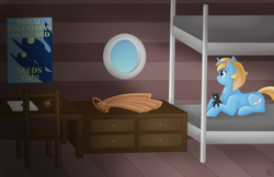 Size: 3000x1941 | Tagged: safe, artist:sevenserenity, oc, oc only, oc:skydreams, changeling, unicorn, airship, artificial wings, augmented, aviator goggles, bunk bed, chair, computer, desk, dresser, inside, laptop computer, lying down, mechanical wing, plushie, porthole, poster, royal equestrian skyguard, wings