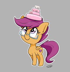 Size: 1904x1964 | Tagged: safe, artist:taurson, scootaloo, pegasus, pony, cake, cute, cutealoo, cutie mark, female, filly, food, glasses, gray background, simple background, solo, the cmc's cutie marks