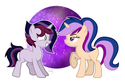 Size: 1280x842 | Tagged: safe, artist:mintoria, oc, oc only, oc:amethyst storm, oc:moonstone light, pony, unicorn, base used, female, half-siblings, mare, offspring, parent:flash sentry, parent:king sombra, parent:twilight sparkle, parents:flashlight, parents:twibra