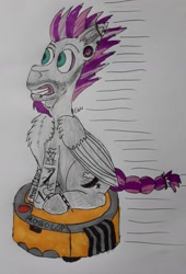 Size: 1241x1828 | Tagged: safe, artist:rapidsnap, oc, oc only, oc:zephyr moon, pony, chest fluff, piercing, roomba, roomba rider, solo, tattoo, teeth, traditional art, zoom