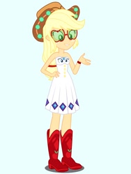 Size: 1536x2048 | Tagged: safe, artist:draymanor57, derpibooru exclusive, applejack, rarity, human, equestria girls, boots, clothes, clothing transformation, dress, glasses, hat, inanimate tf, shoes, transformation