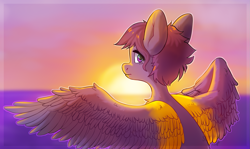 Size: 2001x1192 | Tagged: safe, artist:sugarstar, oc, oc only, oc:vee ness, pegasus, pony, looking at you, looking back, looking back at you, solo, spread wings, sunset, two toned wings, wings