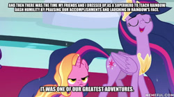 Size: 600x337 | Tagged: safe, edit, edited screencap, screencap, luster dawn, princess twilight 2.0, twilight sparkle, twilight sparkle (alicorn), alicorn, pony, the last problem, the mysterious mare do well, betrayal, exploitable meme, fraud, hypocrisy, meme, memeful.com, mid-blink screencap, older, older twilight, sin of pride, sin of vanity, twilight 2.0's reminiscences