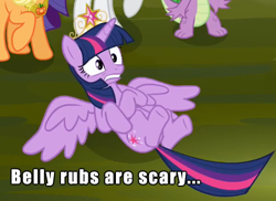 Size: 481x351 | Tagged: safe, derpibooru import, edit, edited screencap, screencap, applejack, rarity, spike, twilight sparkle, twilight sparkle (alicorn), alicorn, dragon, earth pony, pony, unicorn, princess twilight sparkle (episode), bellyrubs, big crown thingy, caption, cropped, crown, element of honesty, element of magic, image macro, jewelry, lying down, offscreen character, on back, regalia, scared, solo focus, spread wings, text, wings
