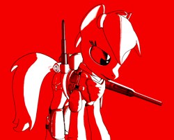 Size: 1256x1013 | Tagged: safe, artist:fic-flix, oc, oc:lemones, earth pony, pony, fallout equestria, 3d, armor, black outlines, gun, photoshop, red, red background, simple background, solo, source filmmaker, standing, weapon, white