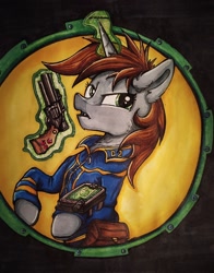 Size: 1694x2160 | Tagged: safe, artist:sharimapic, oc, oc only, oc:littlepip, pony, unicorn, fallout equestria, badass pone, clothes, fallout, fanfic, fanfic art, female, glowing horn, gun, handgun, hooves, horn, levitation, little macintosh, magic, mare, open mouth, optical sight, pipbuck, revolver, scope, solo, stable, telekinesis, traditional art, vault suit, weapon