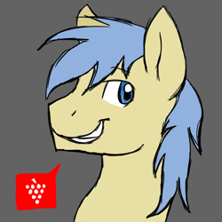 Size: 1080x1080 | Tagged: safe, artist:thundershock0823, goldengrape, sir colton vines iii, pony, bust, grape, gray background, pictogram, portrait, profile, simple background, smiling, solo, speech bubble