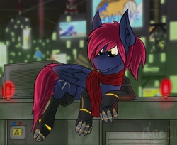 Size: 3500x2849 | Tagged: safe, artist:kamithepony, oc, oc:jovin, oc:jovin sharpsight, cyborg, pegasus, pony, fanfic:sunless, the sunjackers, billboard, clothes, cyberpunk, lying down, male, new canterlot, night, scarf, solo, stallion, transgender