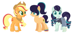 Size: 1033x455 | Tagged: safe, artist:g0ldentoothpick, derpibooru import, applejack, coloratura, earth pony, pony, family, female, lesbian, magical lesbian spawn, offspring, parent:applejack, parent:coloratura, parents:rarajack, rarajack, shipping