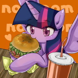 Size: 1000x1000 | Tagged: safe, artist:770nanao15, twilight sparkle, twilight sparkle (alicorn), alicorn, pony, burger, cute, drink, ear fluff, food, hay burger, heart, nom, orange background, simple background, soda, solo, spread wings, straw, that pony sure does love burgers, this will end in weight gain, twiabetes, twilight burgkle, wings