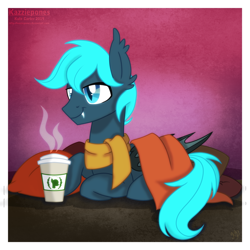 Size: 1024x1024 | Tagged: safe, artist:kazziepones, oc, oc:guttatus, bat pony, pony, clothes, coffee, male, prone, scarf, solo, stallion