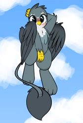 Size: 2529x3764 | Tagged: safe, artist:itsmeelement, gabby, griffon, arm behind head, blushing, cloud, female, flying, looking at you, sky, solo