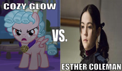 Size: 641x377 | Tagged: safe, edit, edited screencap, editor:undeadponysoldier, screencap, cozy glow, human, pegasus, pony, angry, caption, cozy glow is not amused, esther coleman, female, filly, foal, freckles, image macro, irl, irl human, medallion, movie, orphan (movie), photo, pigtails, text, vs., wrong aspect ratio