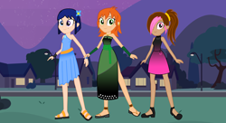 Size: 7448x4046 | Tagged: safe, artist:lhenao, oc, oc:chrystine mirage, oc:rosselia, oc:sapphire sky, human, equestria girls, clothes, dress, equestria girls-ified, fall formal outfits, gala dress