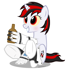 Size: 4000x3910 | Tagged: safe, artist:mrlolcats17, oc, oc only, oc:blackjack, cyborg, pony, unicorn, fallout equestria, fallout equestria: project horizons, alcohol, artificial hands, augmented, blushing, bottle, cyber legs, fanfic, fanfic art, female, grin, hooves, horn, mare, queen whiskey, simple background, sitting, smiling, solo, transparent background, whiskey, wild pegasus