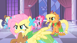 Size: 1280x720 | Tagged: safe, derpibooru import, screencap, applejack, fluttershy, pinkie pie, bird, earth pony, flamingo, pegasus, pony, squirrel, the best night ever, clothes, dress, gala dress, mouth hold