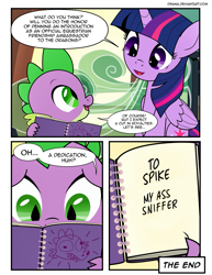 Size: 1275x1650 | Tagged: safe, artist:dsana, edit, spike, twilight sparkle, twilight sparkle (alicorn), alicorn, dragon, pony, comic:the shadow shard, bandage, book, comic, dialogue, duo, female, friendship express, male, mare, op is a cuck, the end, train, vulgar