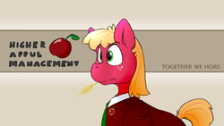 Size: 2560x1440 | Tagged: safe, artist:fuzzypones, big macintosh, pony, appul, business suit, clothes, hay stalk, office, solo, straw in mouth