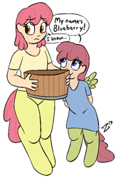 Size: 509x767 | Tagged: safe, artist:heretichesh, oc, oc only, oc:blueberry, oc:passionfruit, earth pony, pegasus, pony, satyr, basket, clothes, dialogue, dress, female, freckles, offspring, parent:oc:peach, simple background, sisters, white background, wings