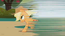 Size: 1920x1080 | Tagged: safe, derpibooru import, screencap, applejack, earth pony, pony, friendship is magic, apple, applejack's hat, cowboy hat, female, food, great moments in animation, hat, lidded eyes, mare, missing freckles, raised hoof, running, smear frame, smiling, solo, transition, tree