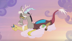 Size: 2880x1620 | Tagged: safe, screencap, discord, draconequus, the summer sun setback, antlers, cloud, cloudwalking spell, folded wings, horn, lidded eyes, lying on a cloud, male, paws, prone, raised eyebrow, smiling, smirk, snaggletooth, solo, talon, talons, wings