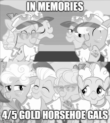 Size: 500x560 | Tagged: safe, edit, edited screencap, screencap, apple rose, auntie applesauce, goldie delicious, granny smith, earth pony, pony, grannies gone wild, caption, eyes closed, female, glasses, gold horseshoe gals, grayscale, hat, image macro, mare, misspelling, monochrome, smiling, text