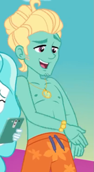 Size: 395x720 | Tagged: safe, screencap, paisley, zephyr breeze, better together, equestria girls, i'm on a yacht, bare chest, cellphone, clothes, male, offscreen character, partial nudity, phone, shorts, smartphone, smiling, swimming trunks, topless, zephyr's necklace