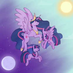 Size: 1255x1259 | Tagged: safe, artist:unicorngutz, princess twilight 2.0, twilight sparkle, twilight sparkle (alicorn), unicorn twilight, alicorn, pony, unicorn, the last problem, evolution, moon, older, older twilight, sun