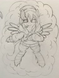 Size: 2831x3755 | Tagged: safe, artist:pieman24601, oc, oc only, oc:winter munchies, pegasus, pony, beanie, blunt, clothes, cloud, drug use, drugs, hat, hoodie, sketch, smoking, smoking weed, socks, solo, stoner, striped socks, traditional art